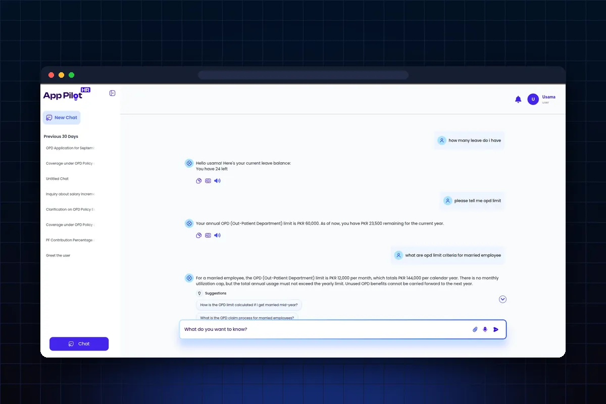 AppPilot assistant answering a leave balance question from company policy